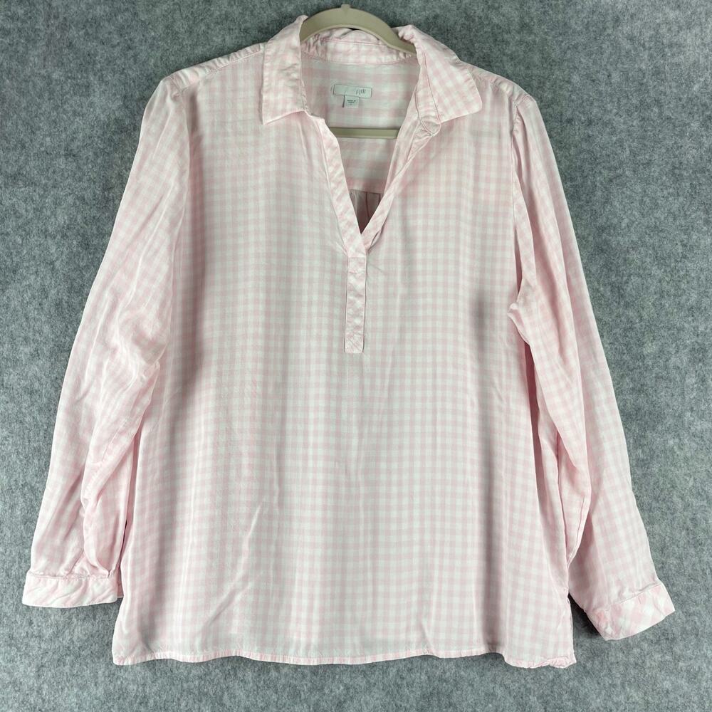 J Jill Tunic Popover Top Womens Large Pink Gingham Check Blouse Rayon Coastal